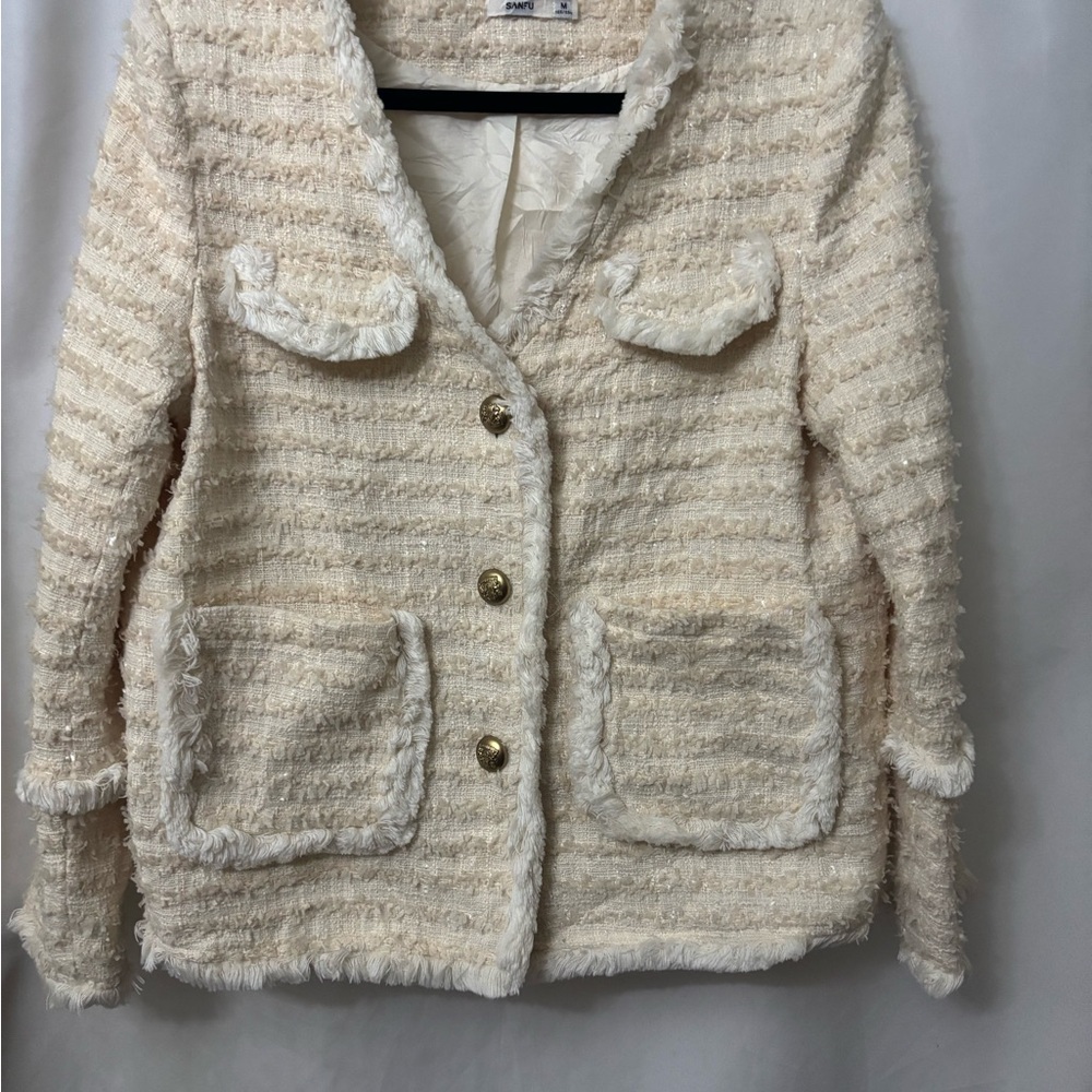 SANFU Cream Textured Blazer with Gold Accents